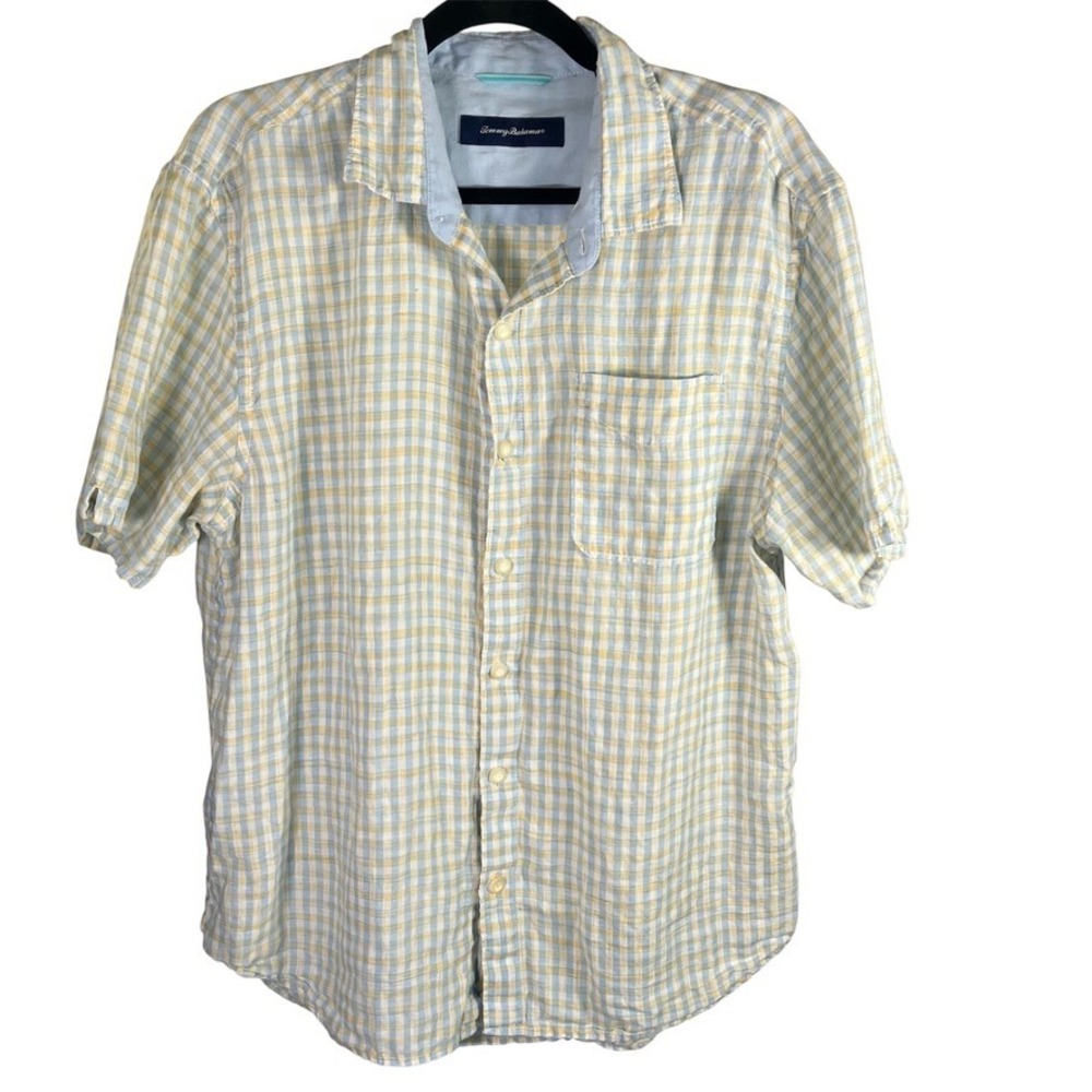 Tommy Bahama Linen Checkered Short Sleeve‎ Button Up Shirt Mens Large